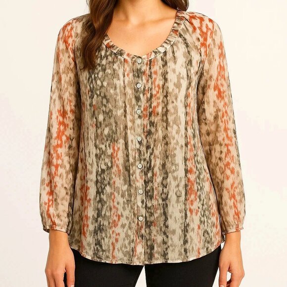 Zozo peasant button up watercolor print earthtone sheer ruffle trim tunic size L - Picture 1 of 11